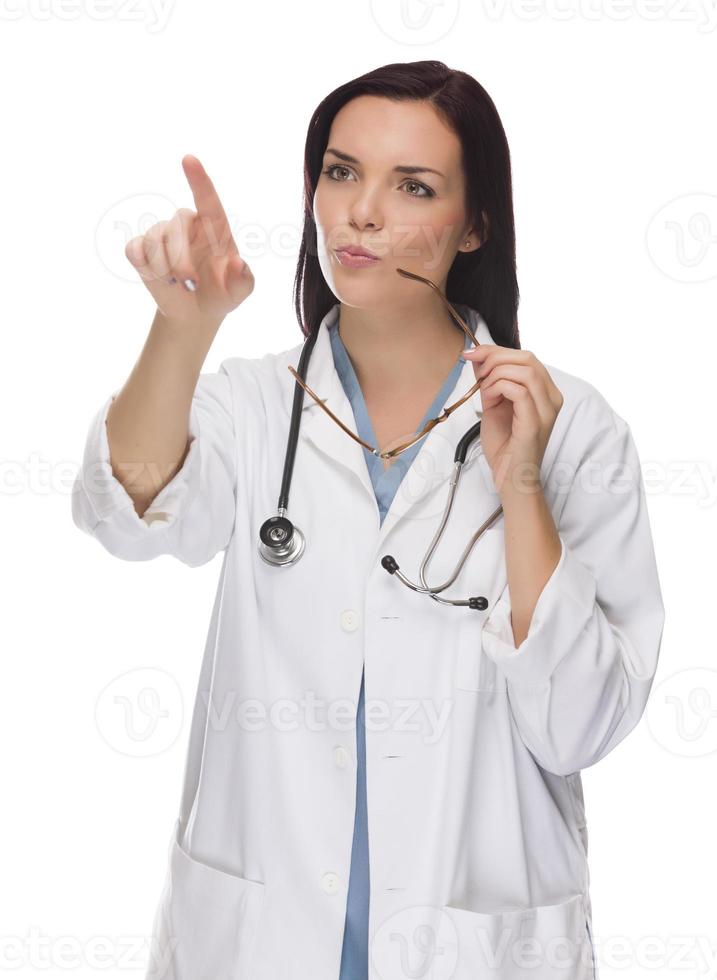 vrouw dokter of verpleegster voortvarend knop of wijzend, kopiëren kamer foto