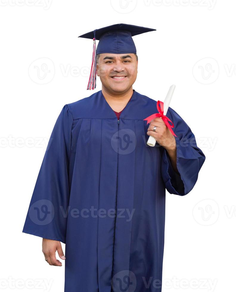 spaans mannetje met deploma vervelend diploma uitreiking pet en japon geïsoleerd foto