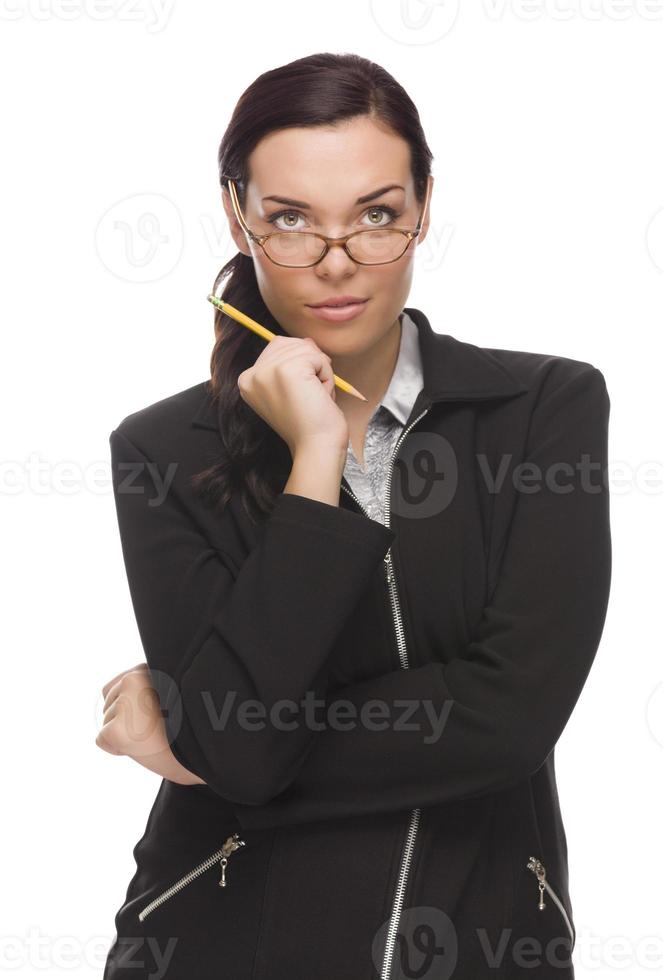 zelfverzekerd gemengd ras zakenvrouw Holding een potlood foto