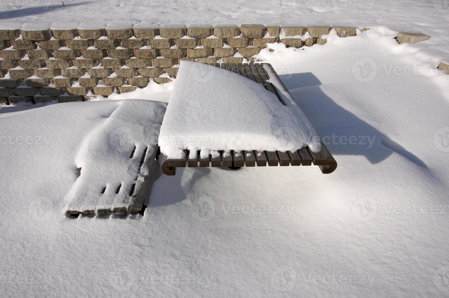 besneeuwd picknick bank foto