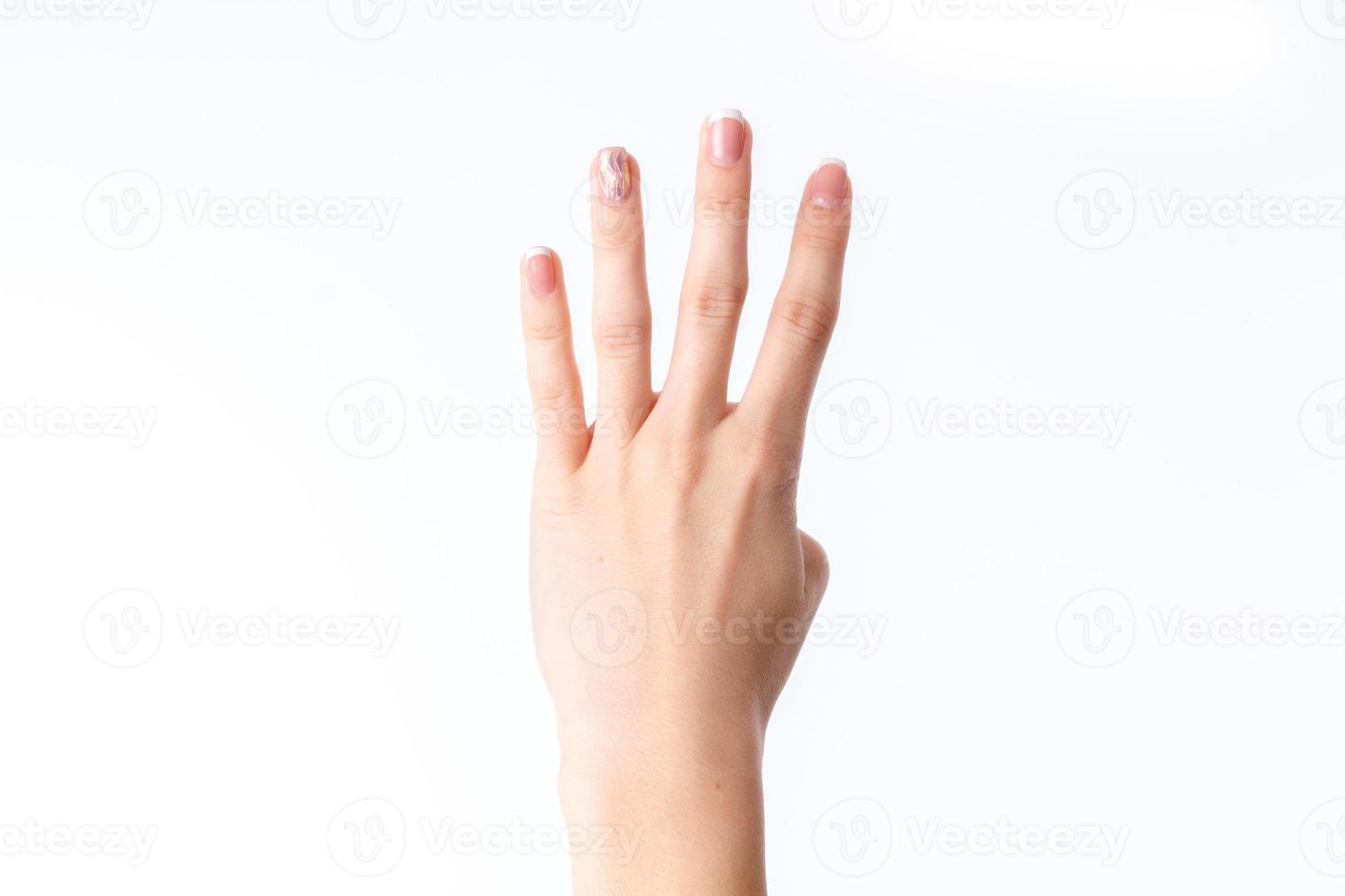 vrouw hand- tonen vier vingers foto