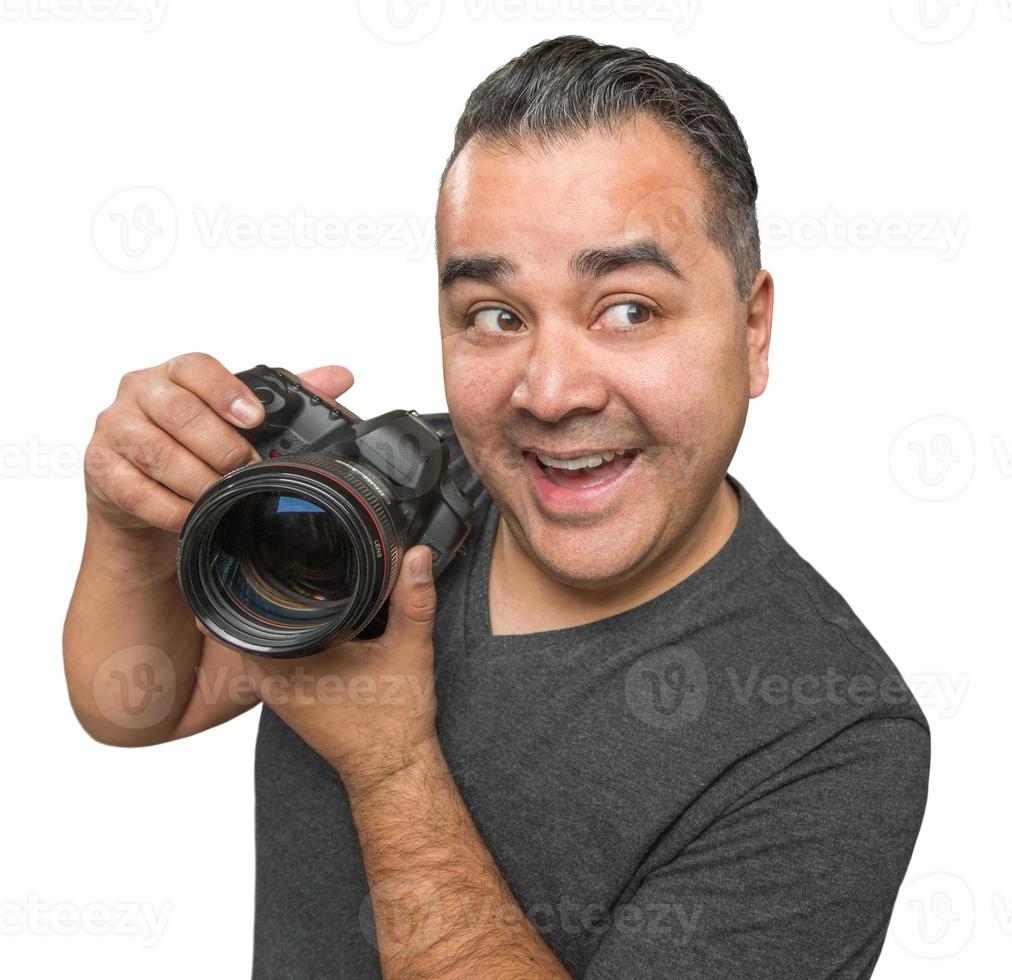 goofy spaans jong mannetje met dslr camera geïsoleerd Aan een wit achtergrond. foto