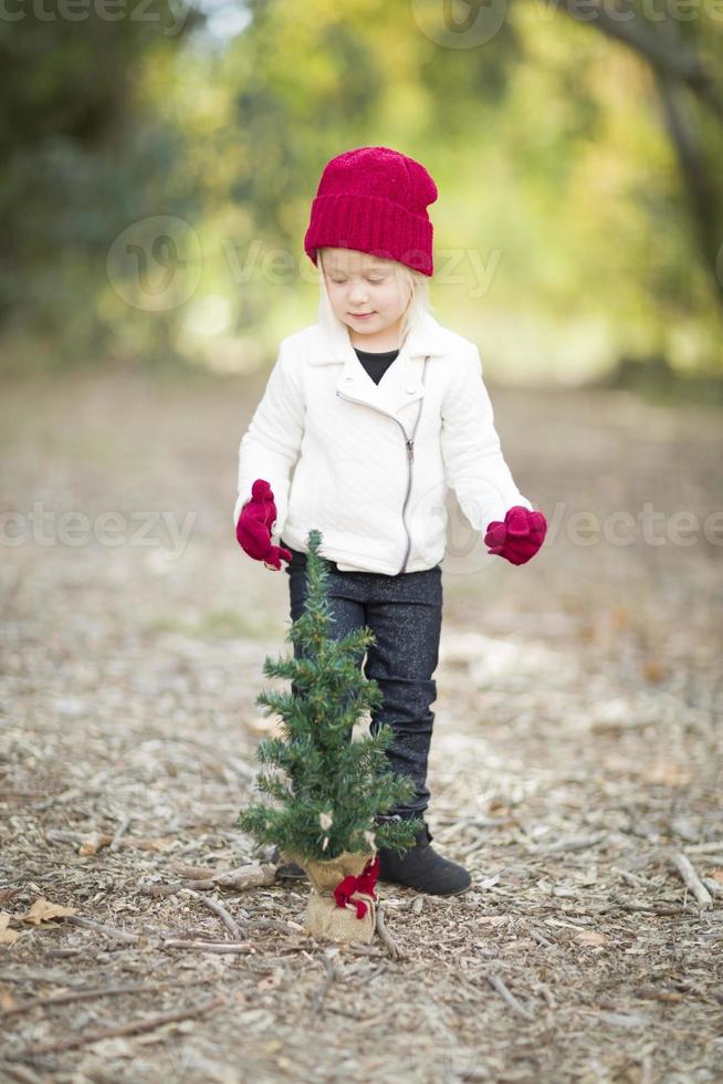 meisje in rode wanten en pet in de buurt van kleine kerstboom foto