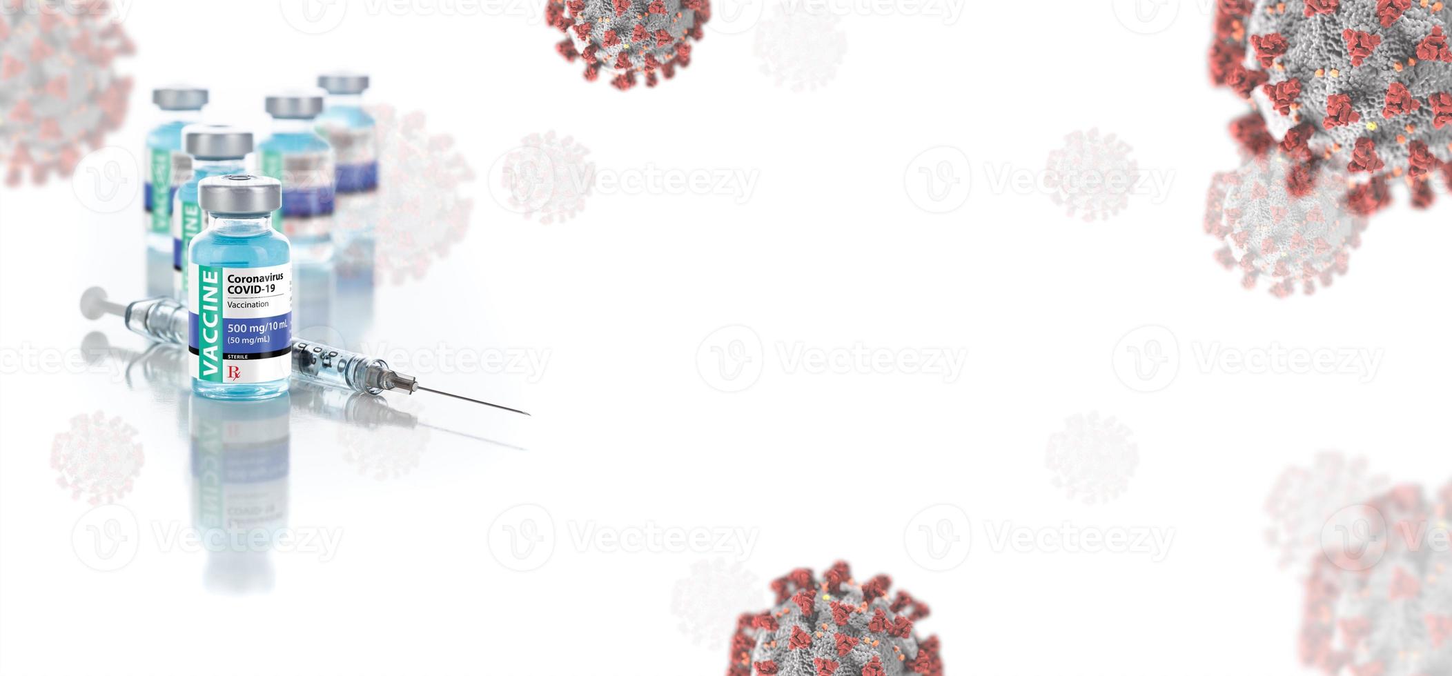 coronavirus covid-19 vaccin flacon tegen molecuul achtergrond spandoek. foto