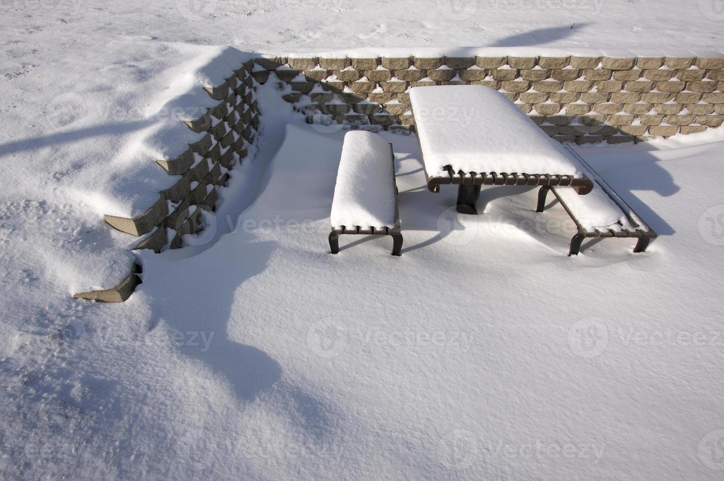 besneeuwd picknick bank foto