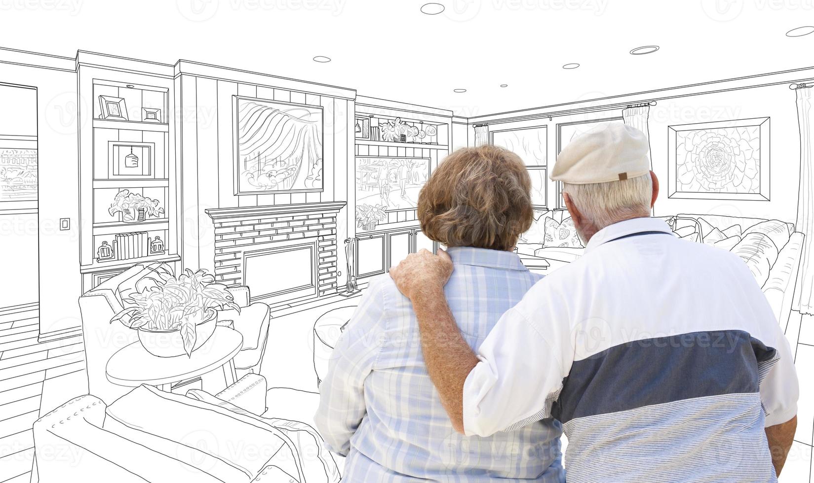 senior paar op zoek over- Op maat leven kamer ontwerp tekening foto