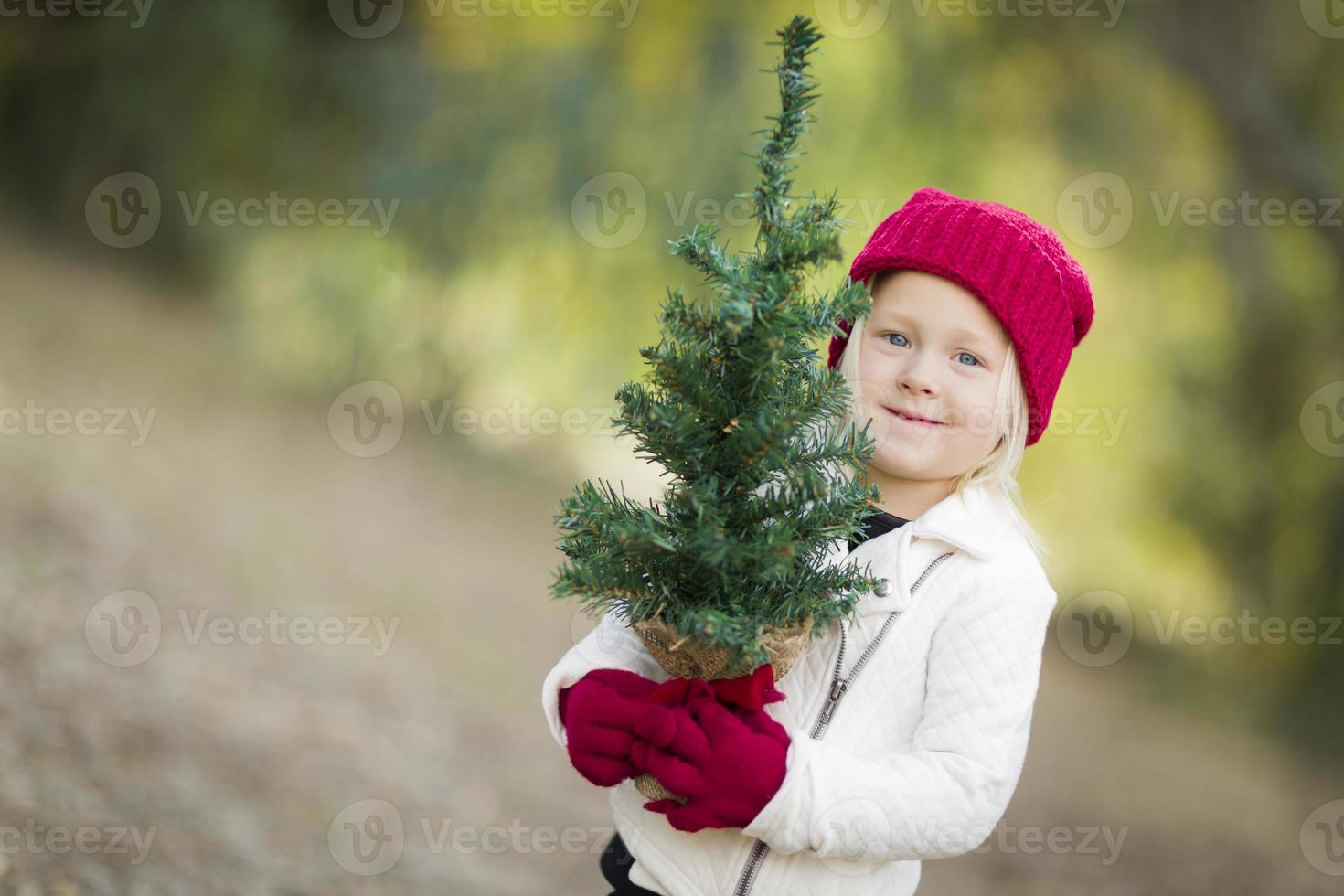 baby meisje in rood wanten en pet Holding klein Kerstmis boom foto