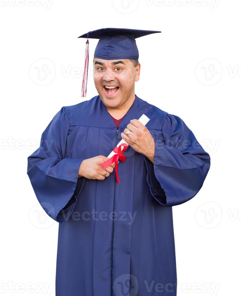 spaans mannetje met deploma vervelend diploma uitreiking pet en japon geïsoleerd foto