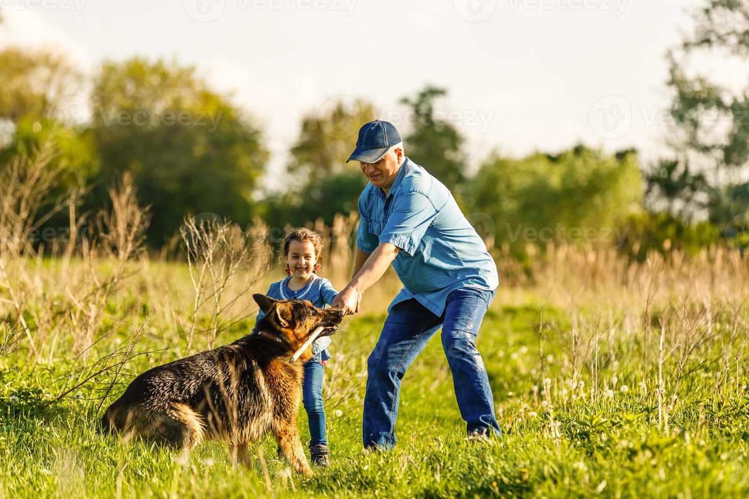 portret van een oud Mens met een Duitse herder foto