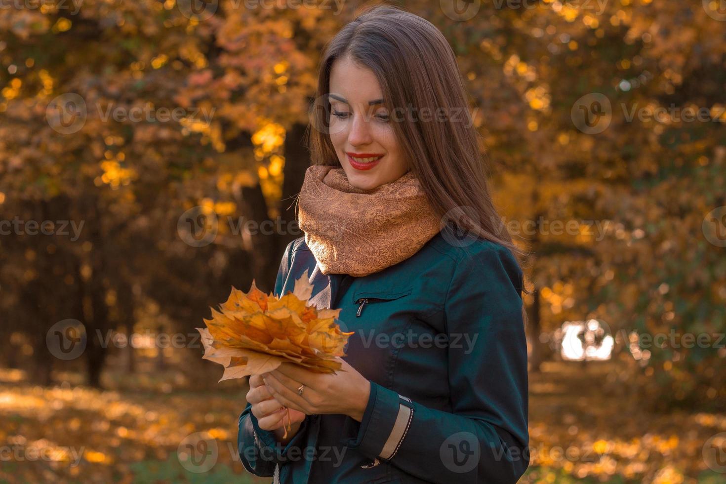 vastpinnen meisje staat in de park is op zoek Bij de bladeren in de handen van foto