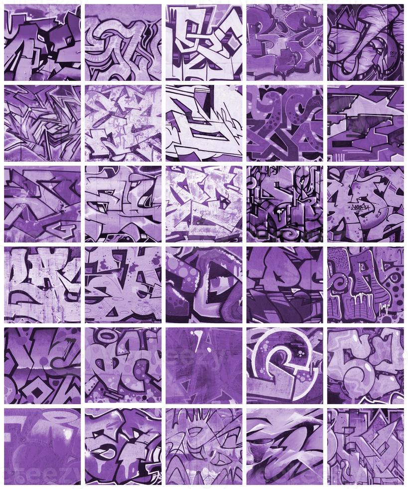 een reeks van veel klein fragmenten van graffiti tekeningen. straat kunst abstract achtergrond collage in paars kleuren foto