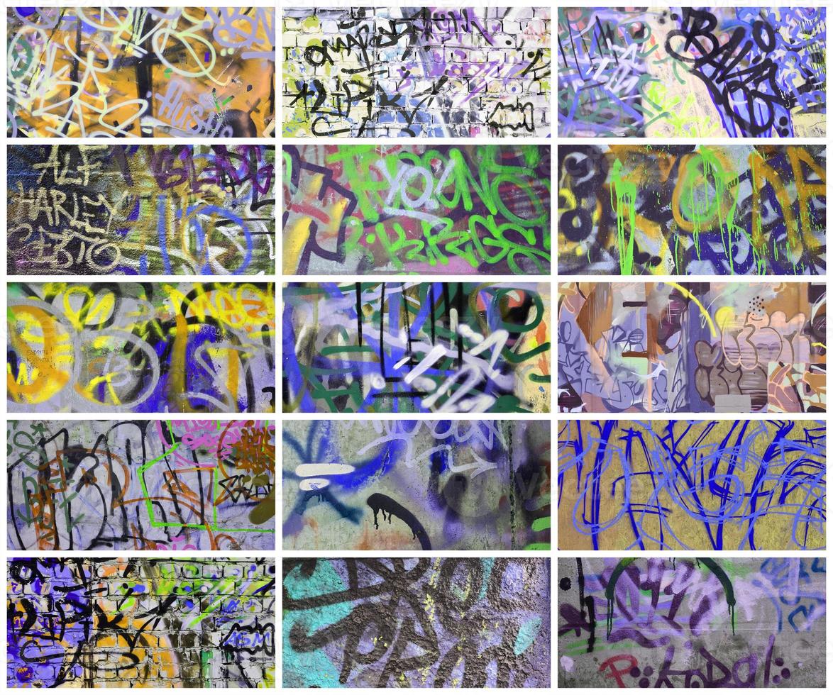 een reeks van veel klein fragmenten van getagd muren. graffiti vandalisme abstract achtergrond collage foto