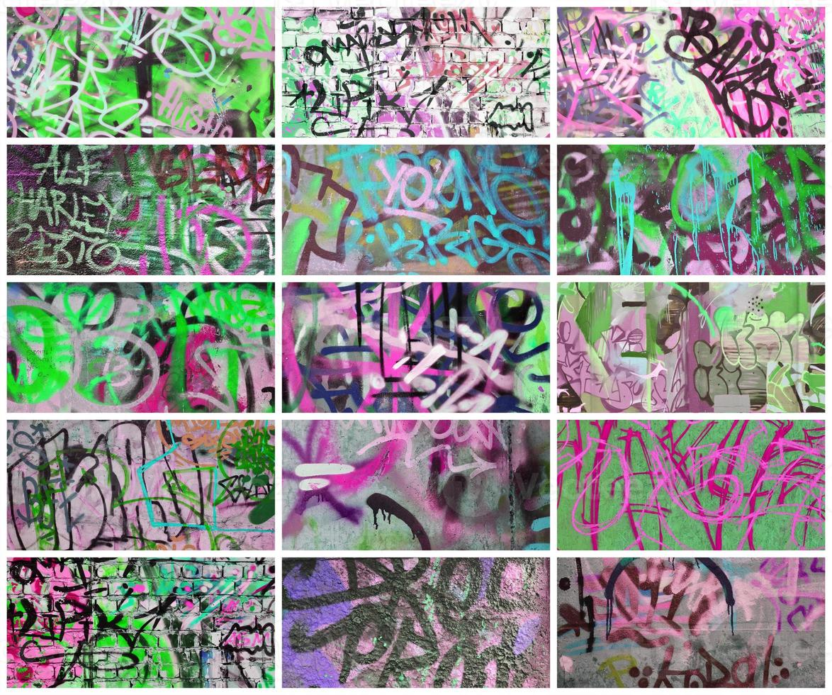 een reeks van veel klein fragmenten van getagd muren. graffiti vandalisme abstract achtergrond collage foto