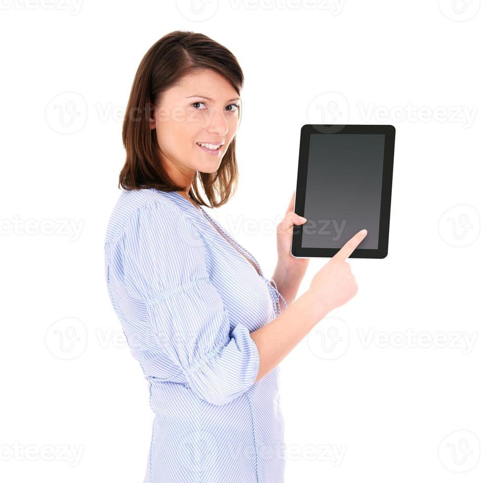 bedrijf vrouw Holding een tablet apparaat foto