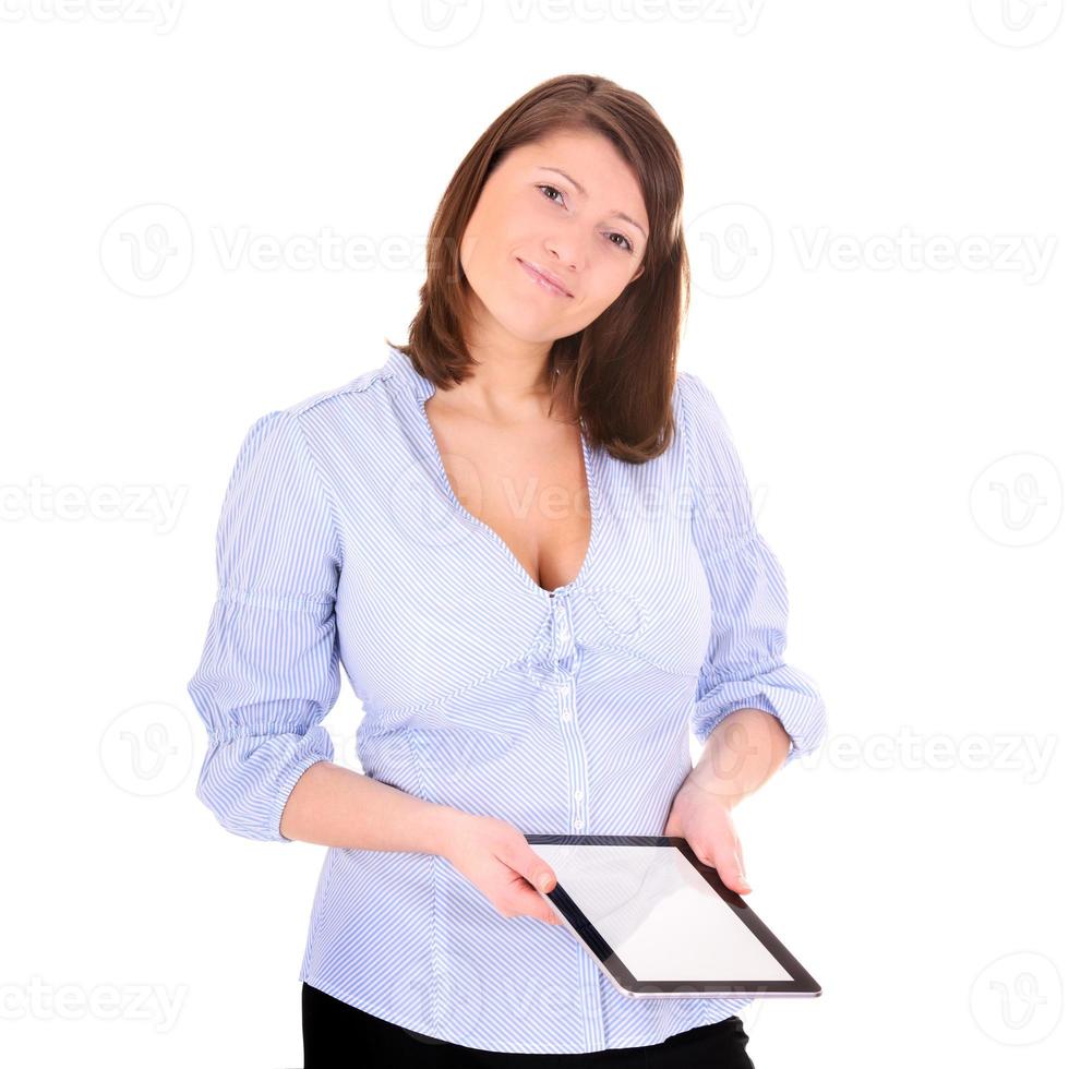 bedrijf vrouw Holding een tablet apparaat foto