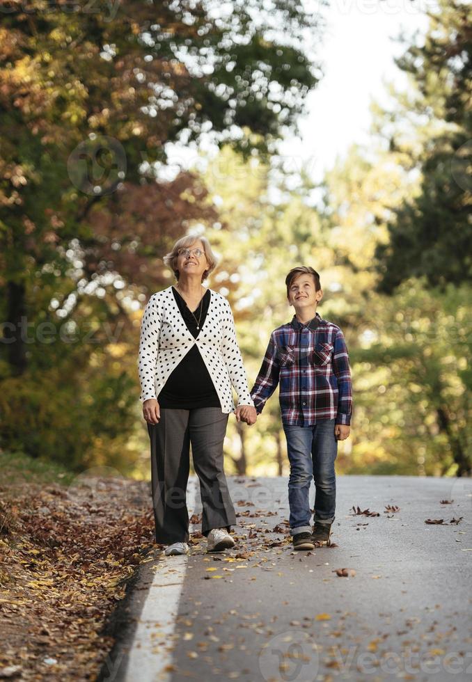 grootmoeder en groots zoon genieten van zonnig vakantie samen buitenshuis foto