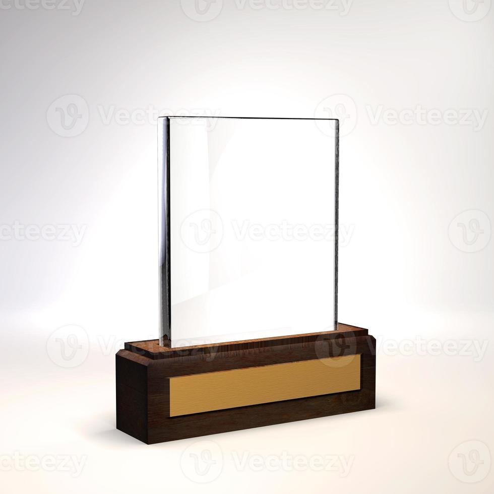 trofee glas met houten baseren staan mockup blanco glas 3d geven foto