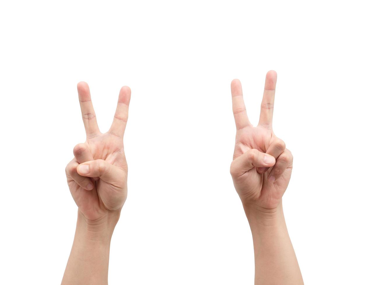 mannetje hand- gebaar tonen twee vinger wit geïsoleerd foto