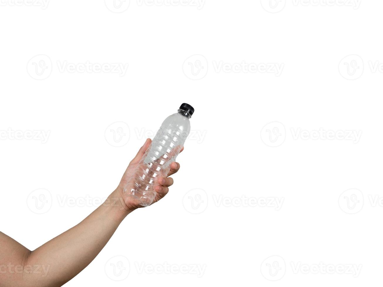 hand- Holding plastic fles wit geïsoleerd foto