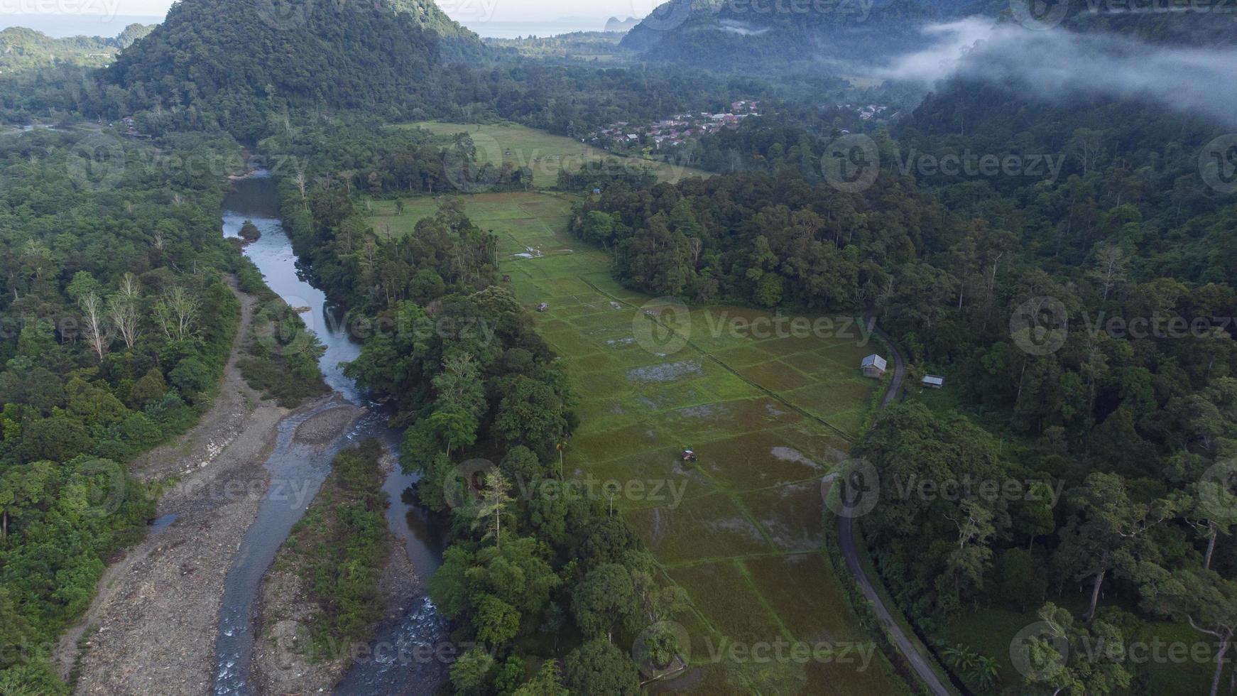 antenne visie van rijst- velden, rivier- en tropisch Woud in de landelijk provincie van atjeh, Indonesië. foto