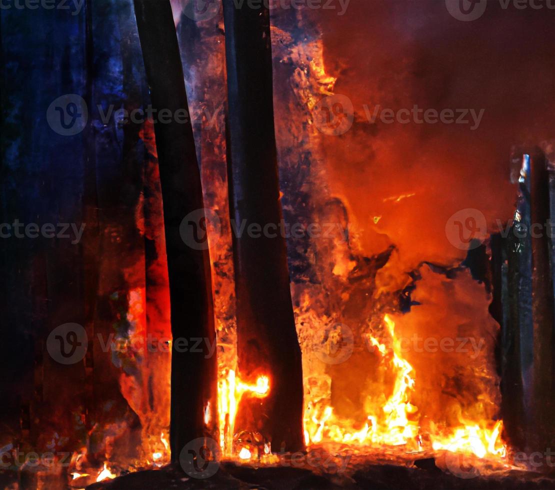 verbrand bomen na wildvuur, verontreiniging en een veel van rook brand vlammen Aan zwart achtergrond, uitbarsten brand vlam structuur Woud vuur, brandend bomen, brand en rook foto