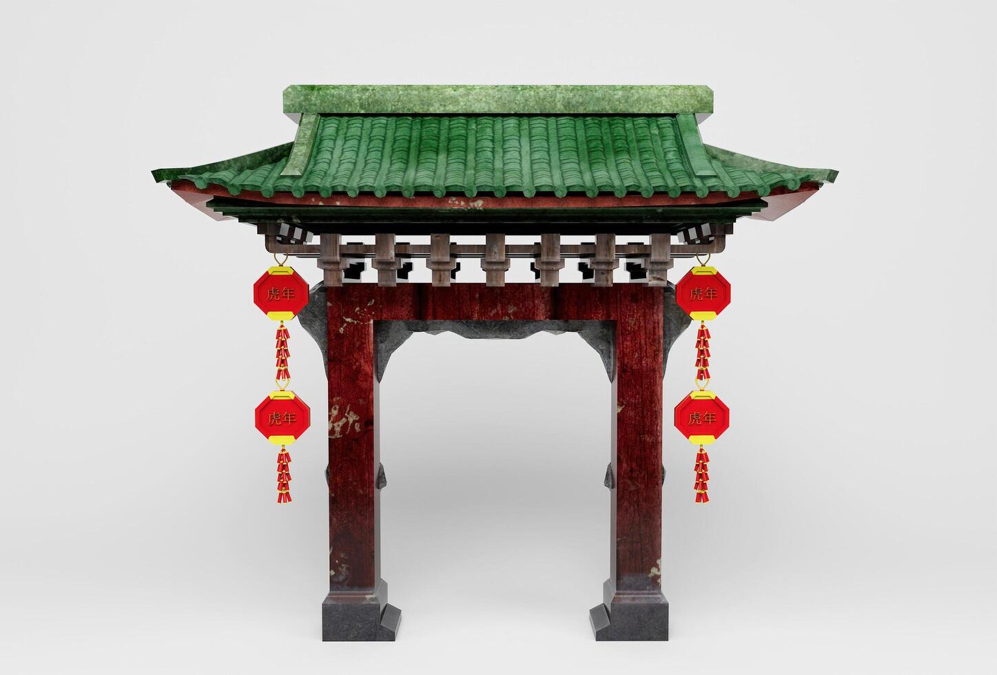 de Ingang Chinese boog poort decor met hangende lantaarns 3d illustratie. foto