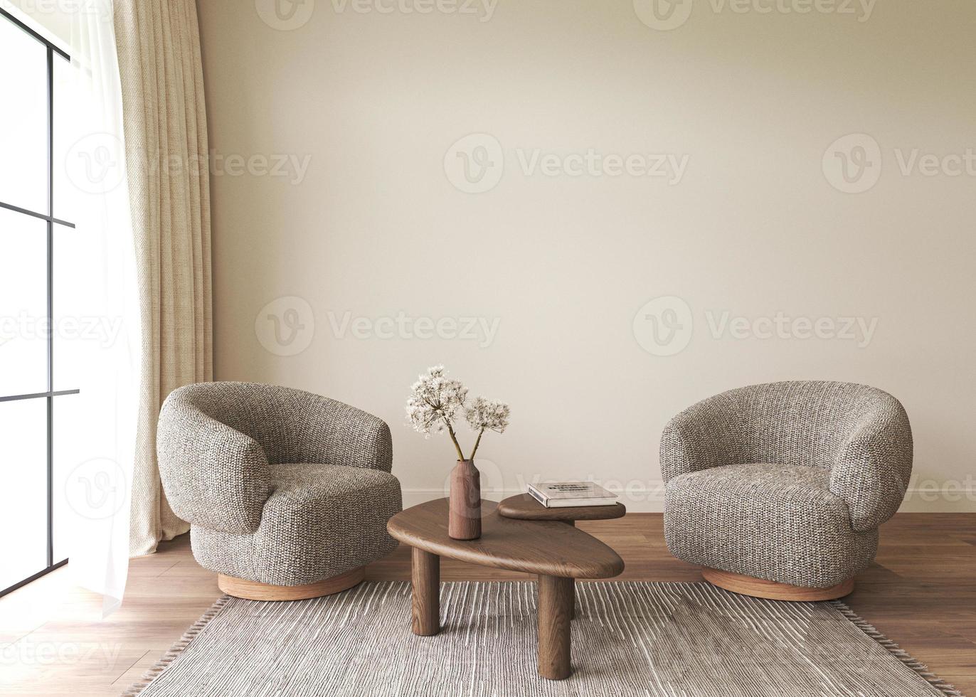 modern klassiek licht beige interieur met meubilair. Scandinavisch boho stijl. fauteuils met koffie tafel, vaas, boek. 3d geven illustratie van een leeg muur model. hoog kwaliteit illustratie. foto