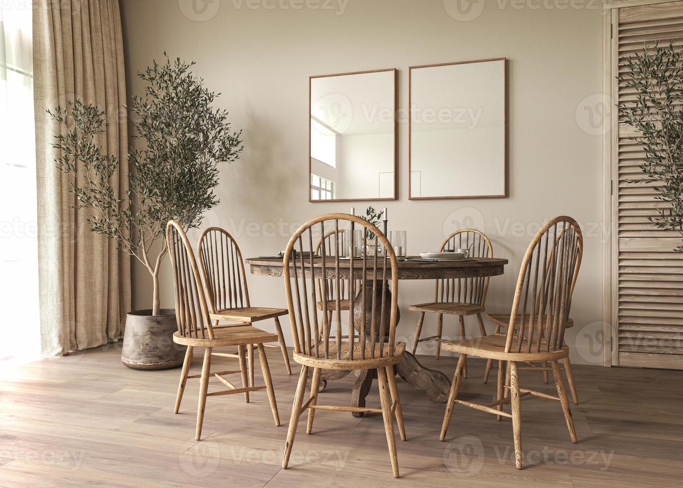 wijnoogst beige dining kamer interieur met meubilair. Scandinavisch boho stijl. 3d renderen van een muur kader model. hoog kwaliteit illustratie. foto