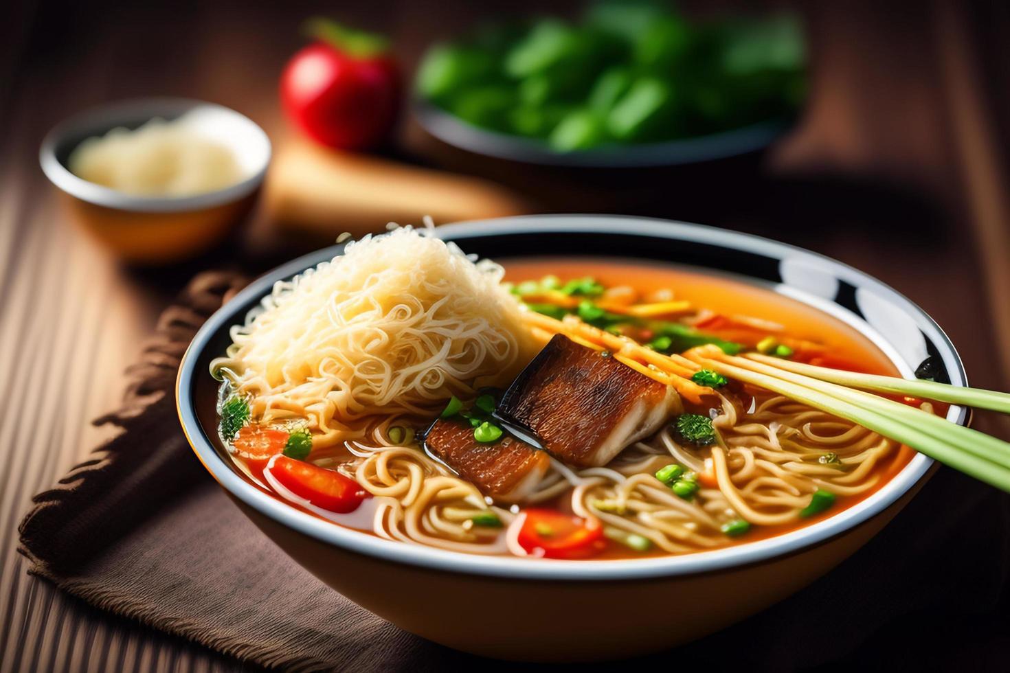 heerlijk noedels. snel voedsel maaltijd met smakelijk pasta en eetstokjes. foto