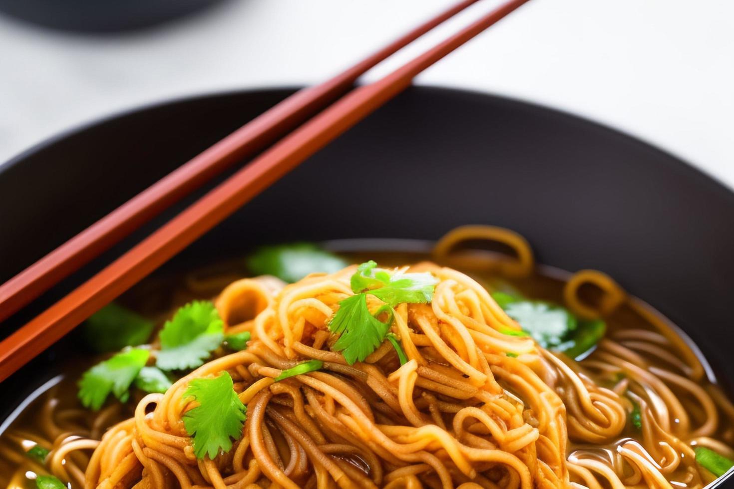 heerlijk noedels. snel voedsel maaltijd met smakelijk pasta en eetstokjes. foto