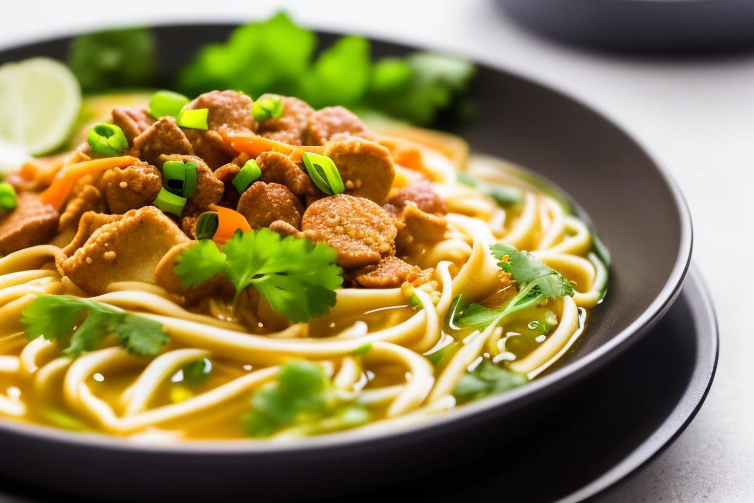 heerlijk noedels. snel voedsel maaltijd met smakelijk pasta en eetstokjes. foto