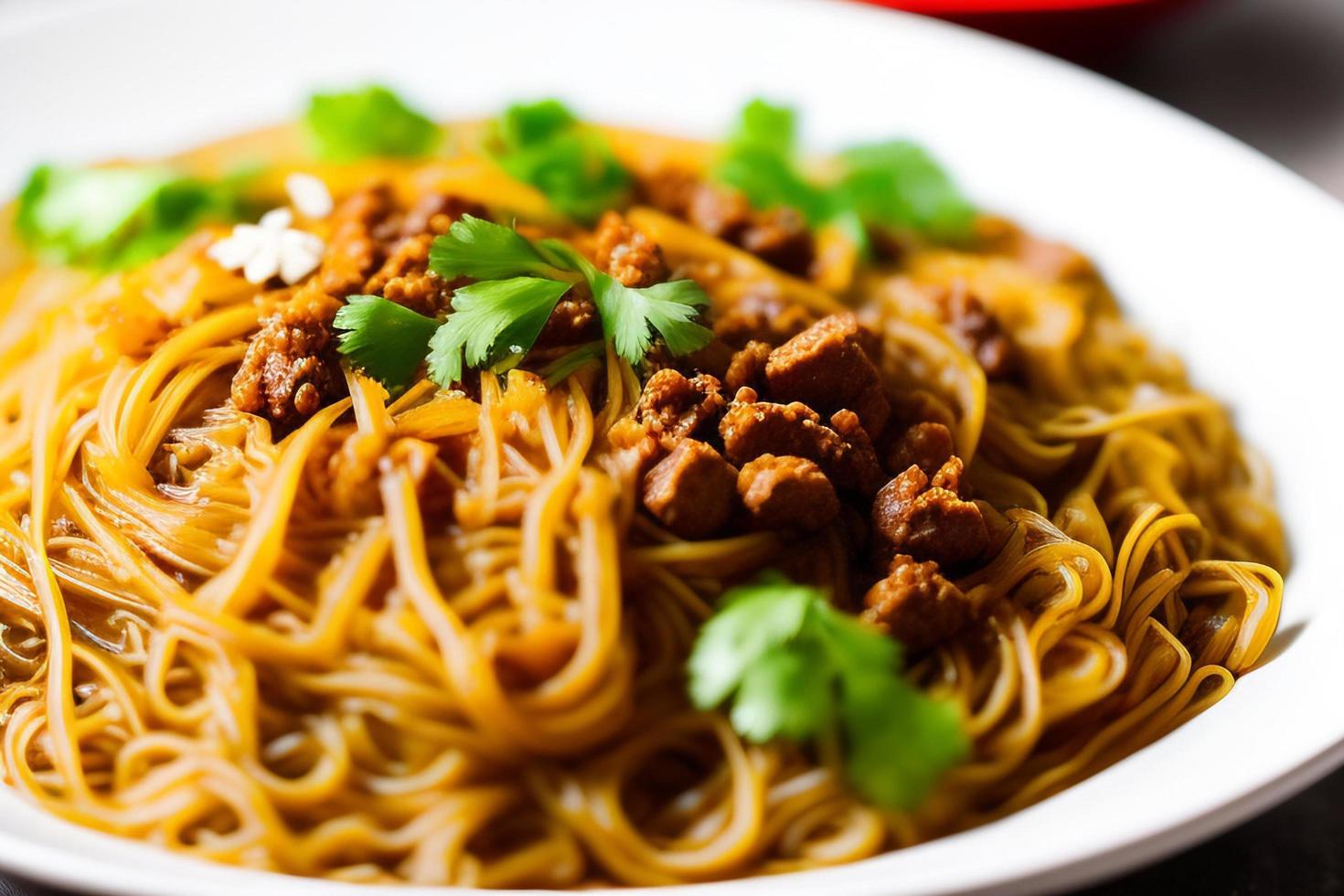 heerlijk noedels. snel voedsel maaltijd met smakelijk pasta en eetstokjes. foto