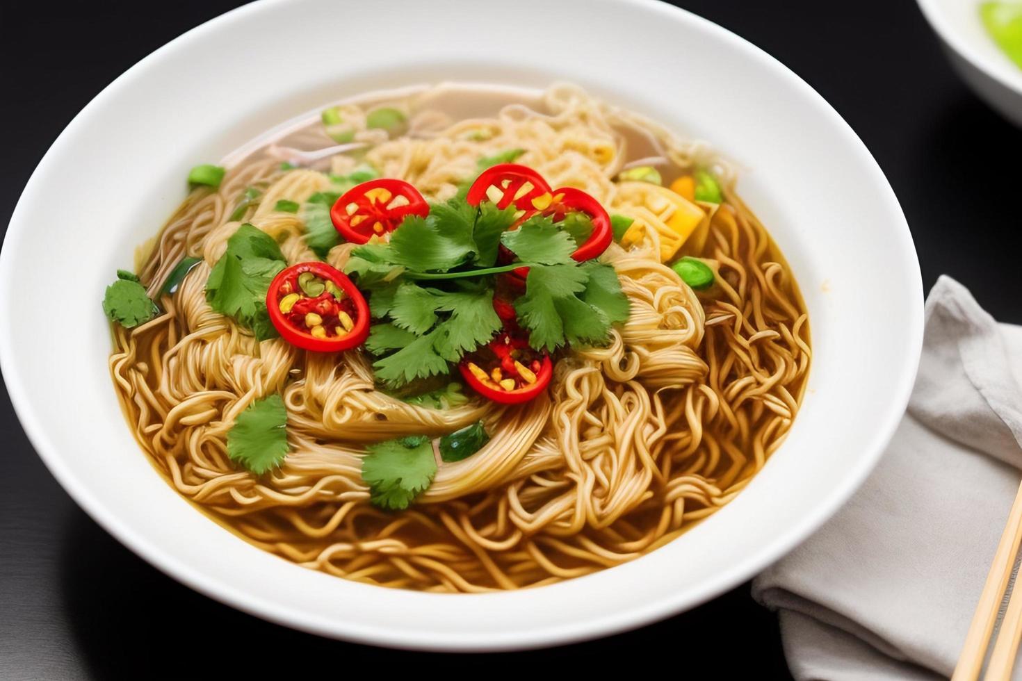 heerlijk noedels. snel voedsel maaltijd met smakelijk pasta en eetstokjes. foto