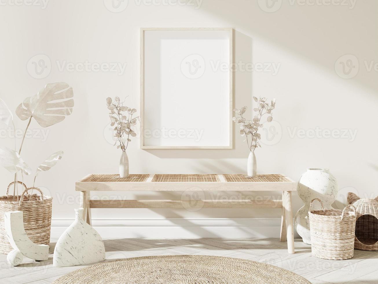 frame en poster mockup in boho-stijl interieur. 3D-rendering, 3d illustratie foto