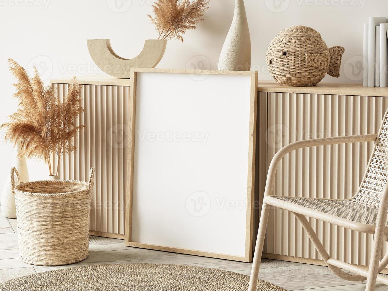 frame en poster mockup in boho-stijl interieur. 3D-rendering, 3d illustratie foto