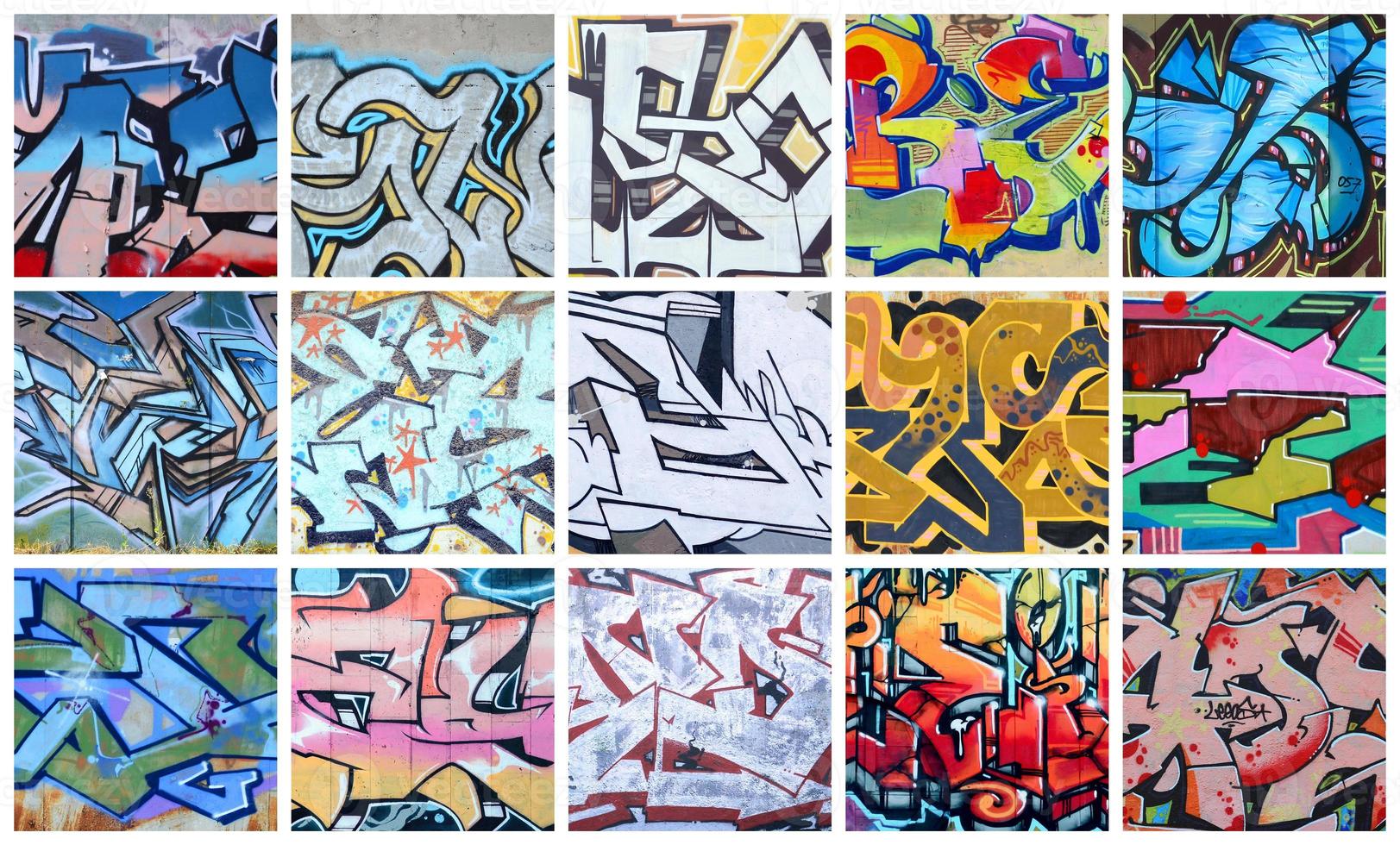 een reeks van veel klein fragmenten van graffiti tekeningen. straat kunst abstract achtergrond collage foto