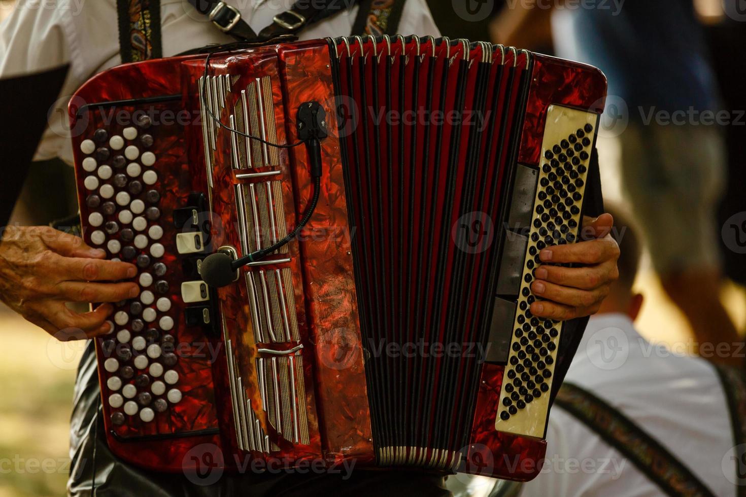 de oud bijzonder accordeon toetsen dichtbij omhoog visie. laag licht foto. foto