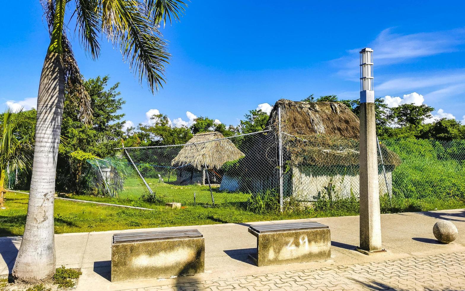 toegangsweg van tropisch strand tussen natuurlijke hutten in mexico. foto