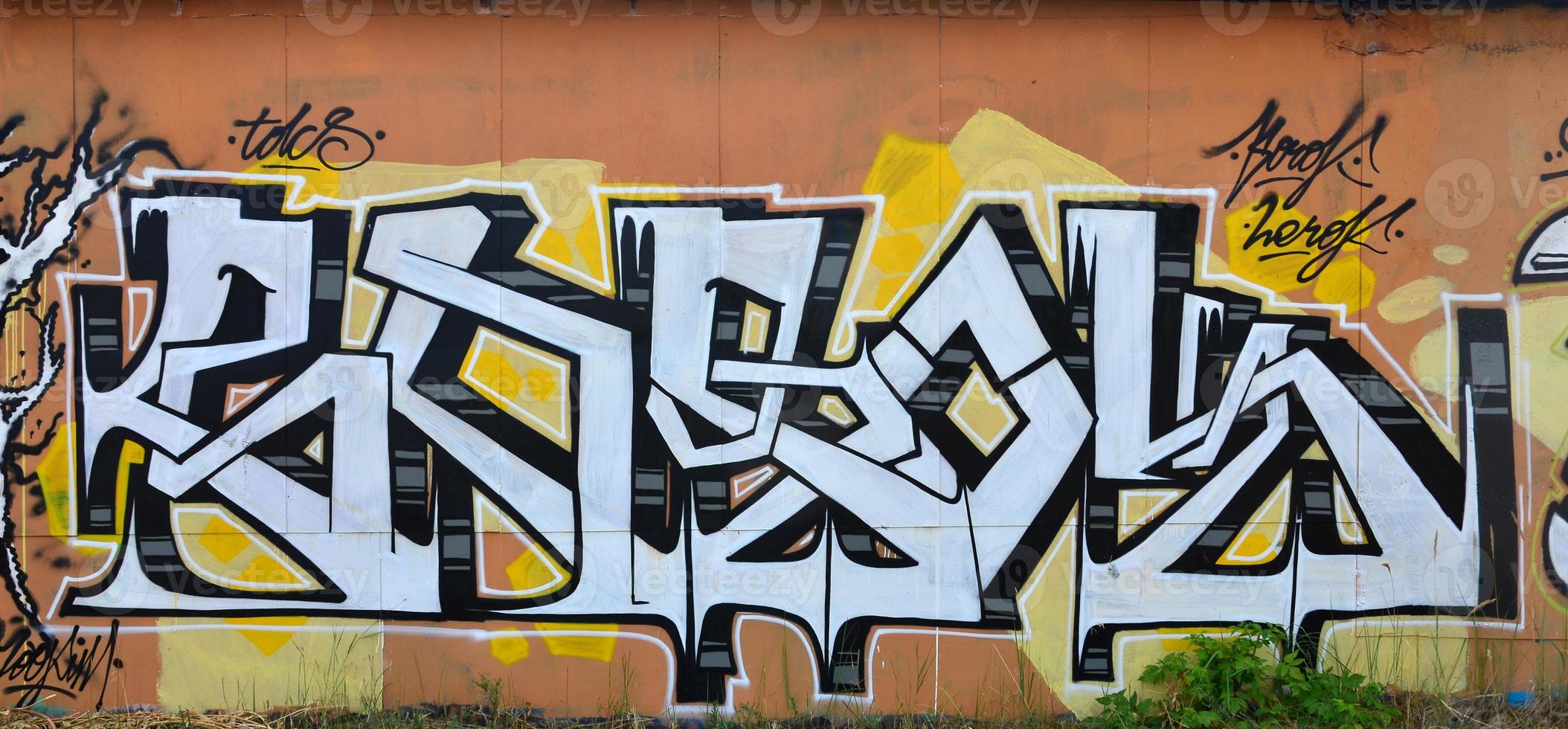 een fotograaf van een gedetailleerd muur kunstwerk. graffiti tekening is gemaakt met wit verf met zwart contouren en heeft een monofoon oranje achtergrond. structuur van muur met graffiti decoratie foto