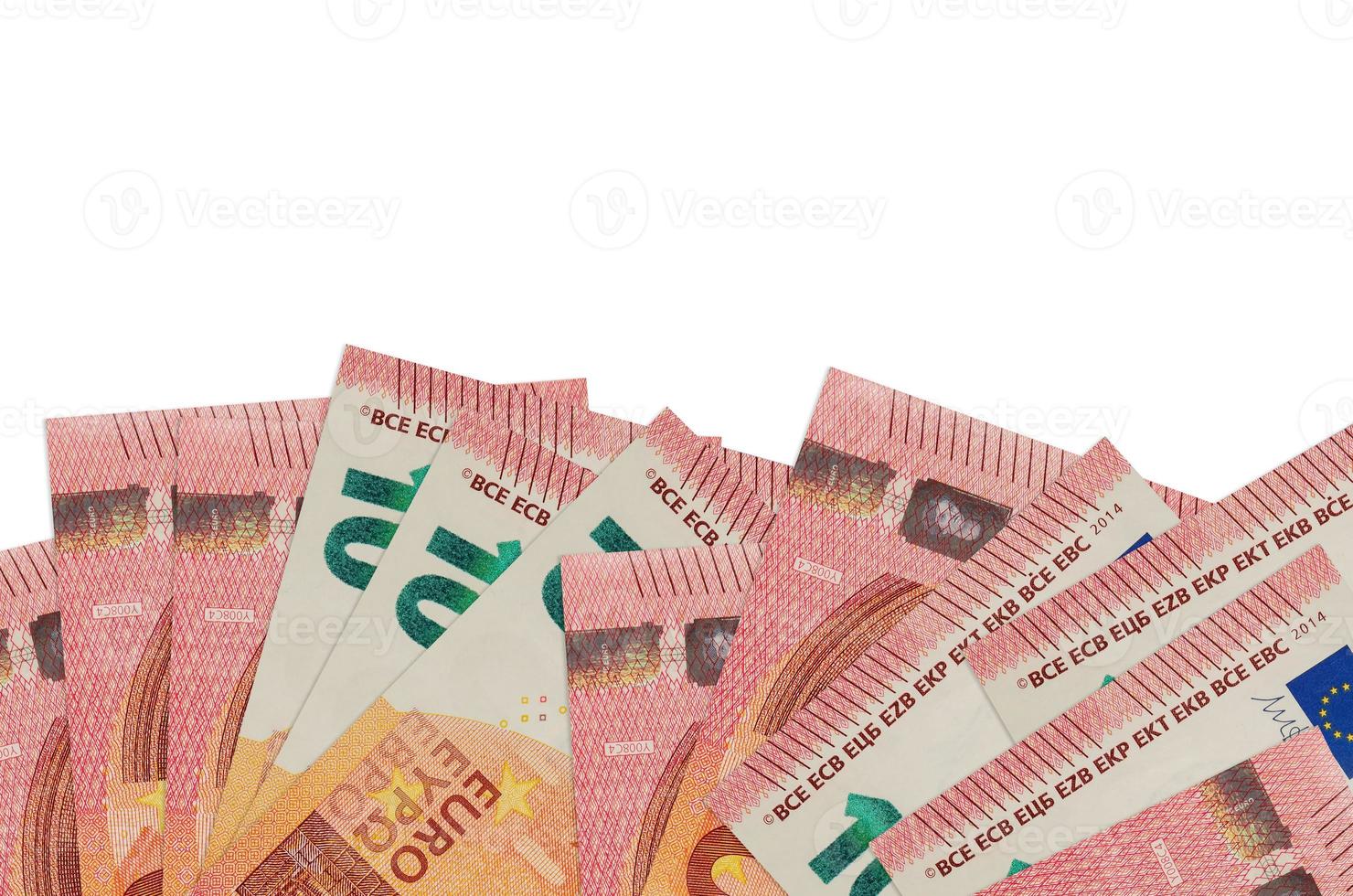 10 euro rekeningen leugens Aan bodem kant van scherm geïsoleerd Aan wit achtergrond met kopiëren ruimte. achtergrond banier sjabloon foto