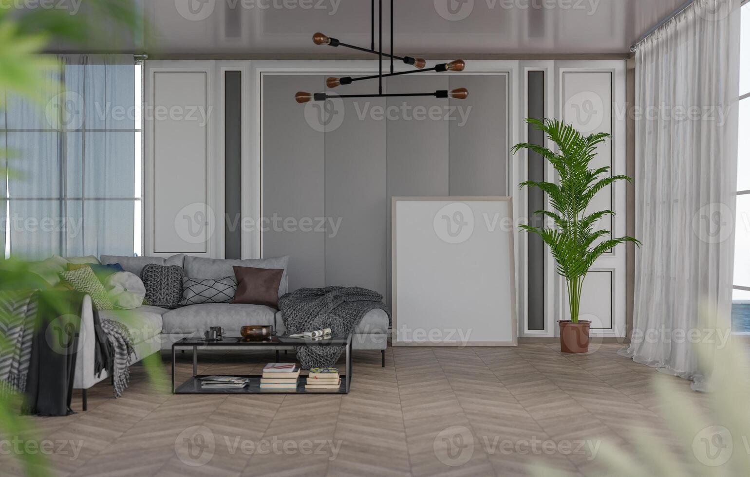 3d mockup blanco foto kader in leven kamer renderen