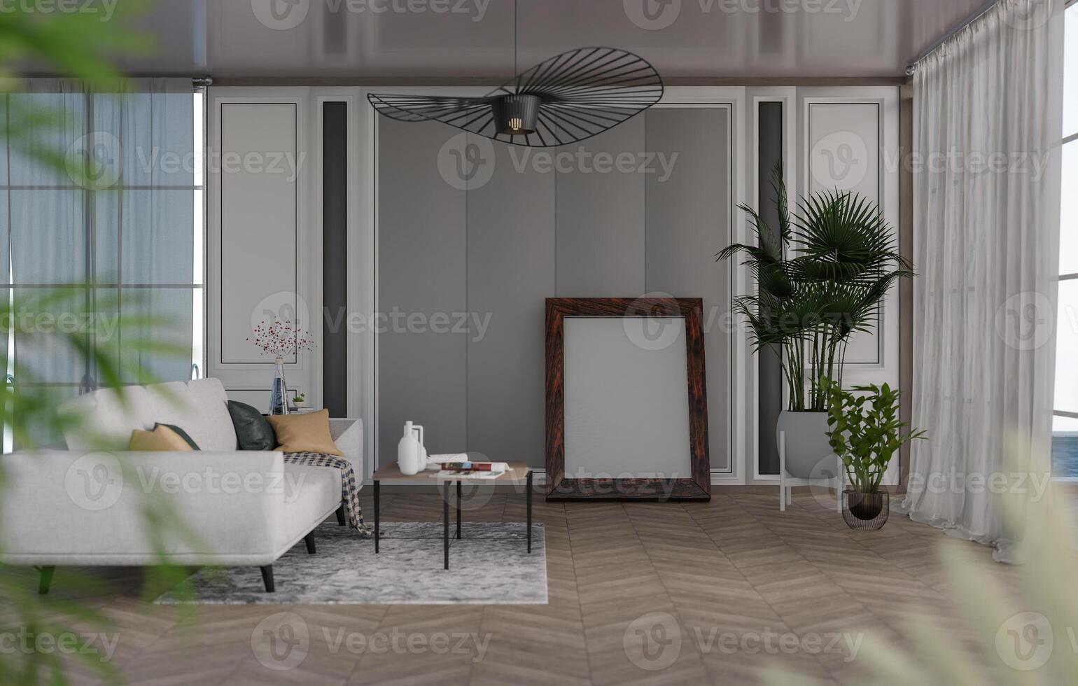 3d mockup blanco foto kader in leven kamer renderen