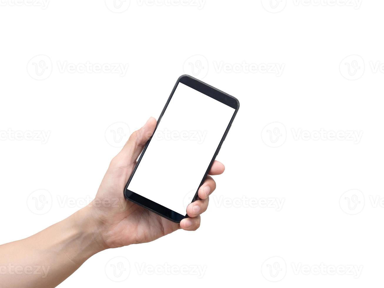 Mens hand- Holding smartphone geïsoleerd, mannetje hand- tonen mobiele telefoon wit scherm foto