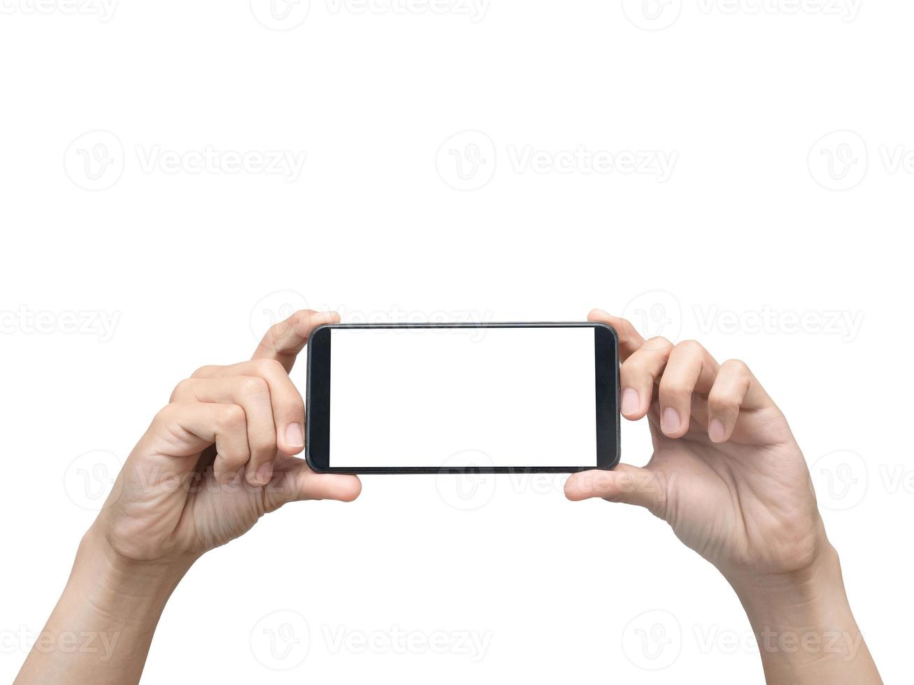 mannetje hand- Holding smartphone wit scherm geïsoleerd foto