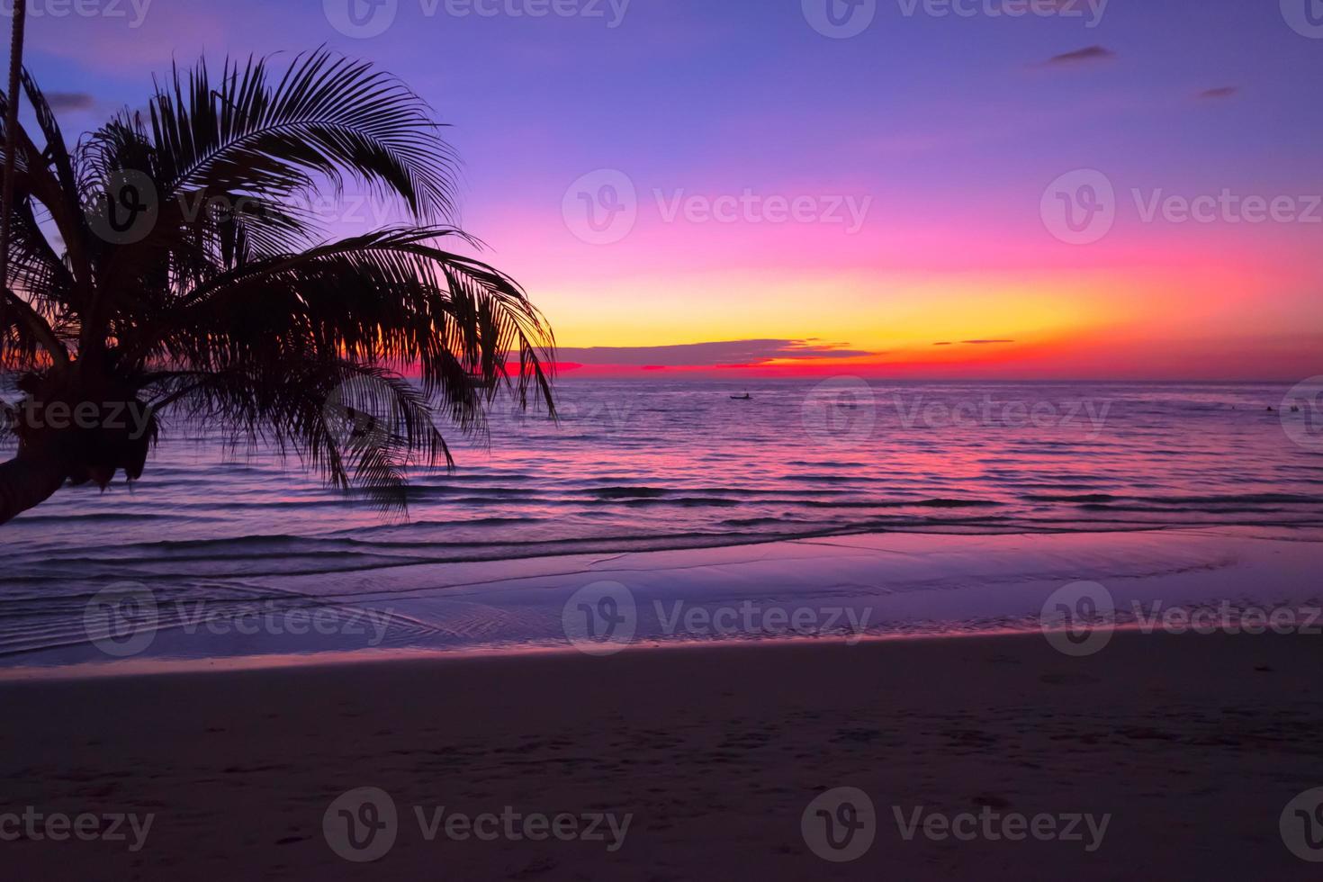 silhouet van mooi zonsondergang Aan de zee strand met palm boom voor reizen in vakantie kom tot rust tijd, foto