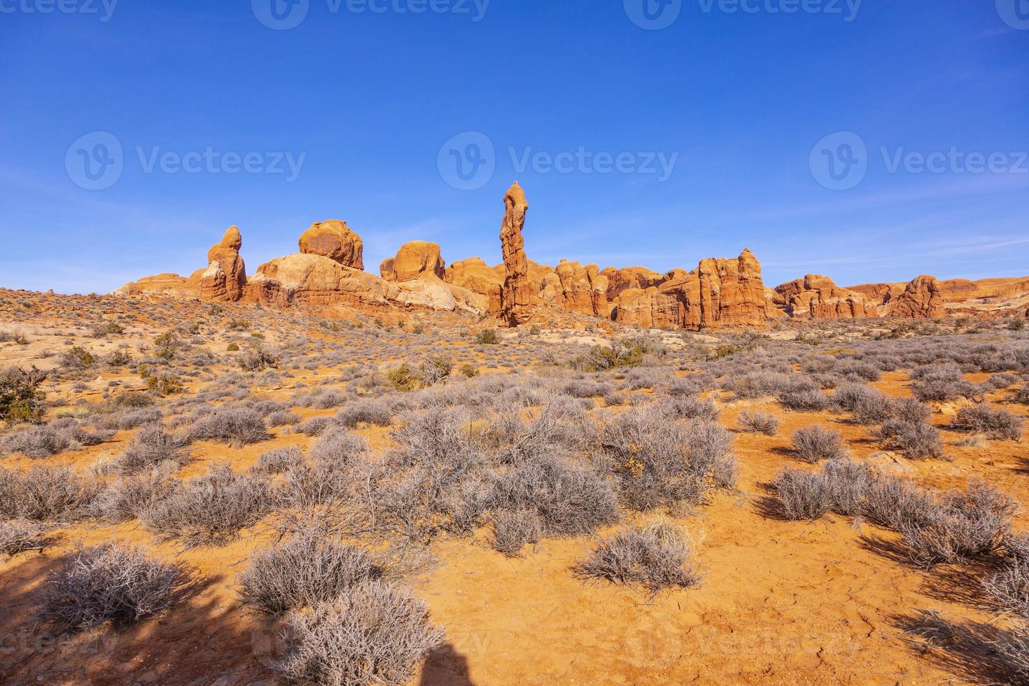 panoramisch afbeelding van natuurlijk en geologisch vraagt zich af van bogen nationaal park in Utah in winter foto