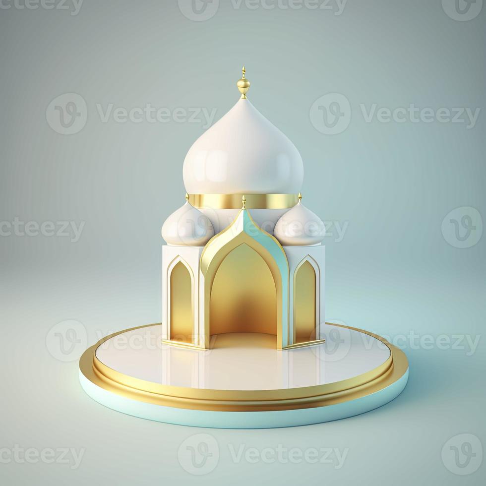 Islamitisch Ramadan podium achtergrond van futuristische en modern 3d realistisch moskee met tafereel en stadium voor Product Scherm foto