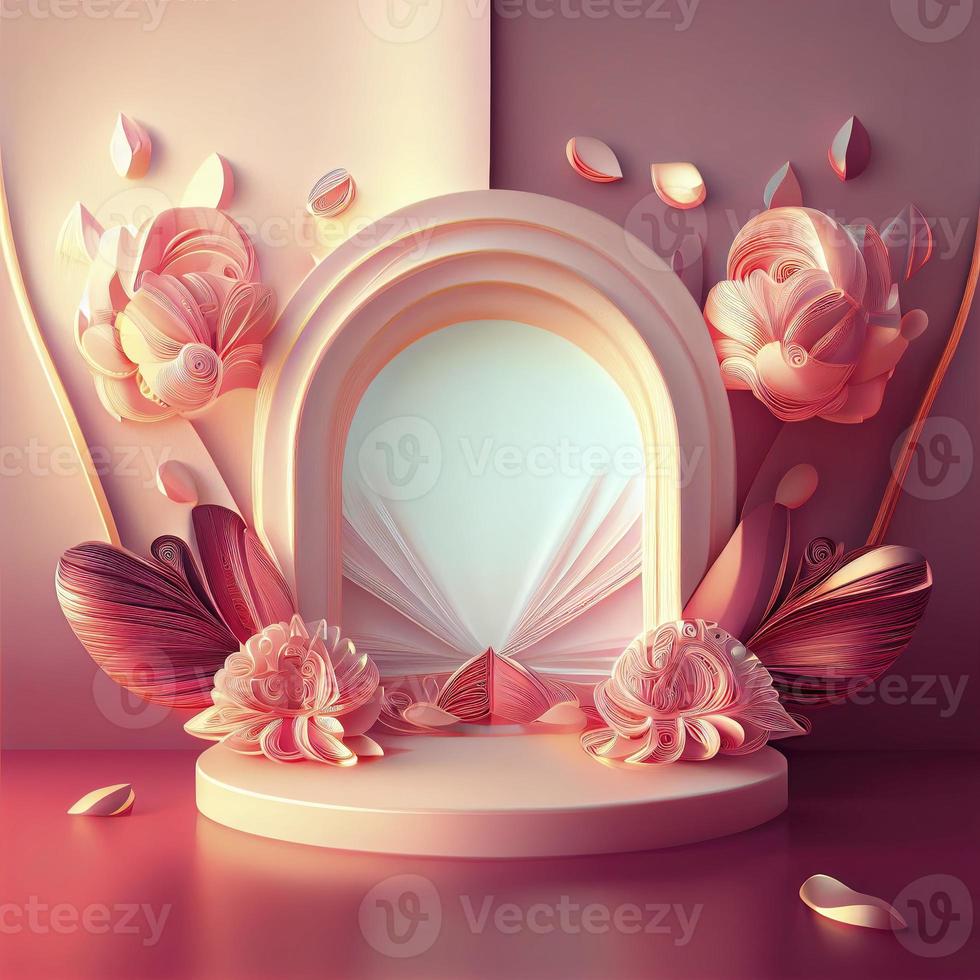 3d illustratie van podium met bloemen ornament voor Product presentatie foto