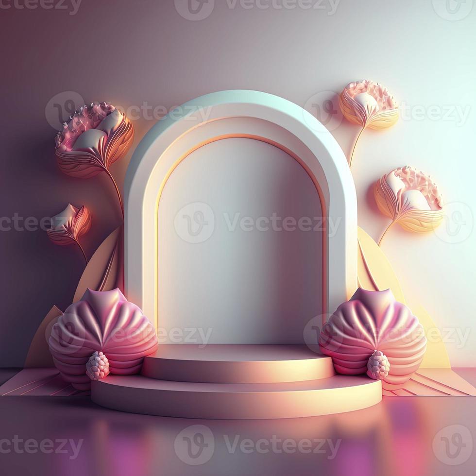 3d illustratie van podium met abstract bloem krans ornament voor winkel Product Promotie foto