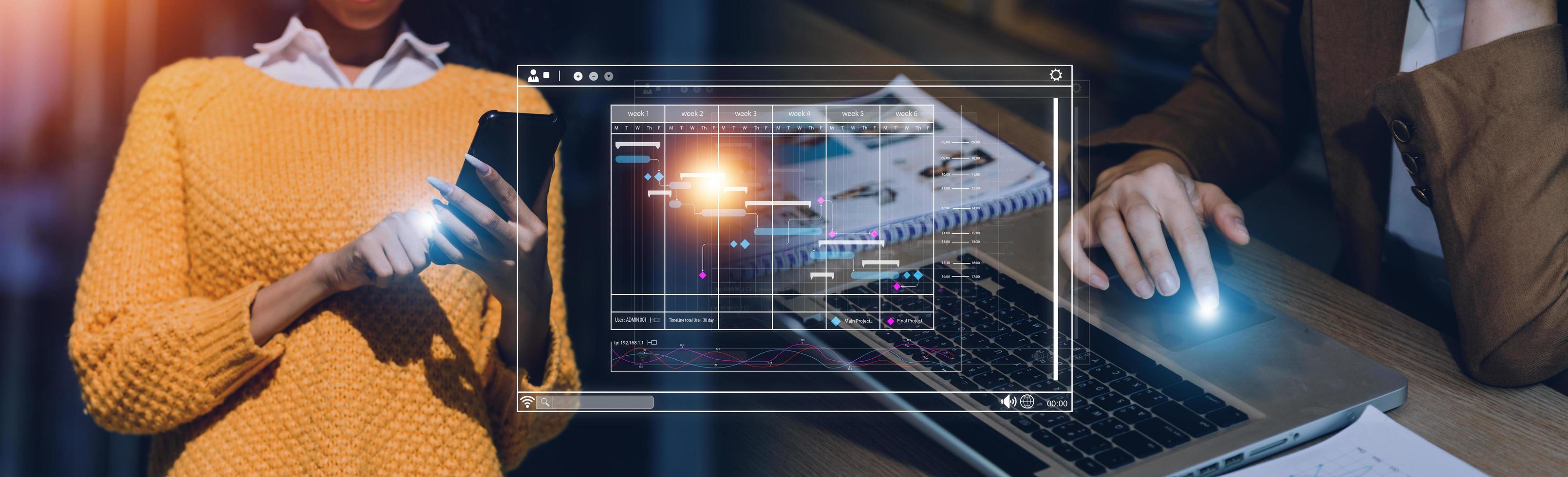 analist werken met computer in bedrijf analytics en gegevens beheer systeem naar maken verslag doen van met kpi en statistieken verbonden naar databank. zakelijke strategie voor financiën, activiteiten, verkoop, afzet foto